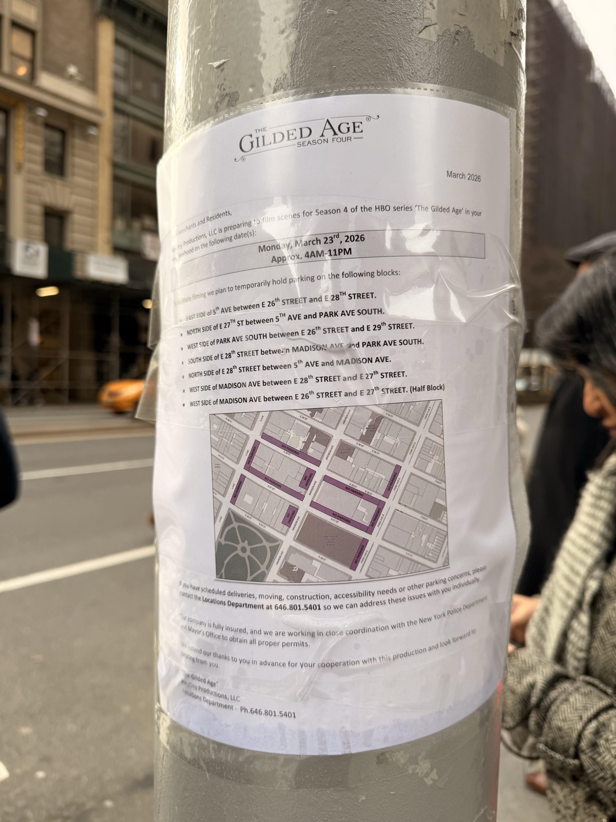 HBO production parking notice for The Gilded Age Season 4 filming in Madison Square area, March 2026