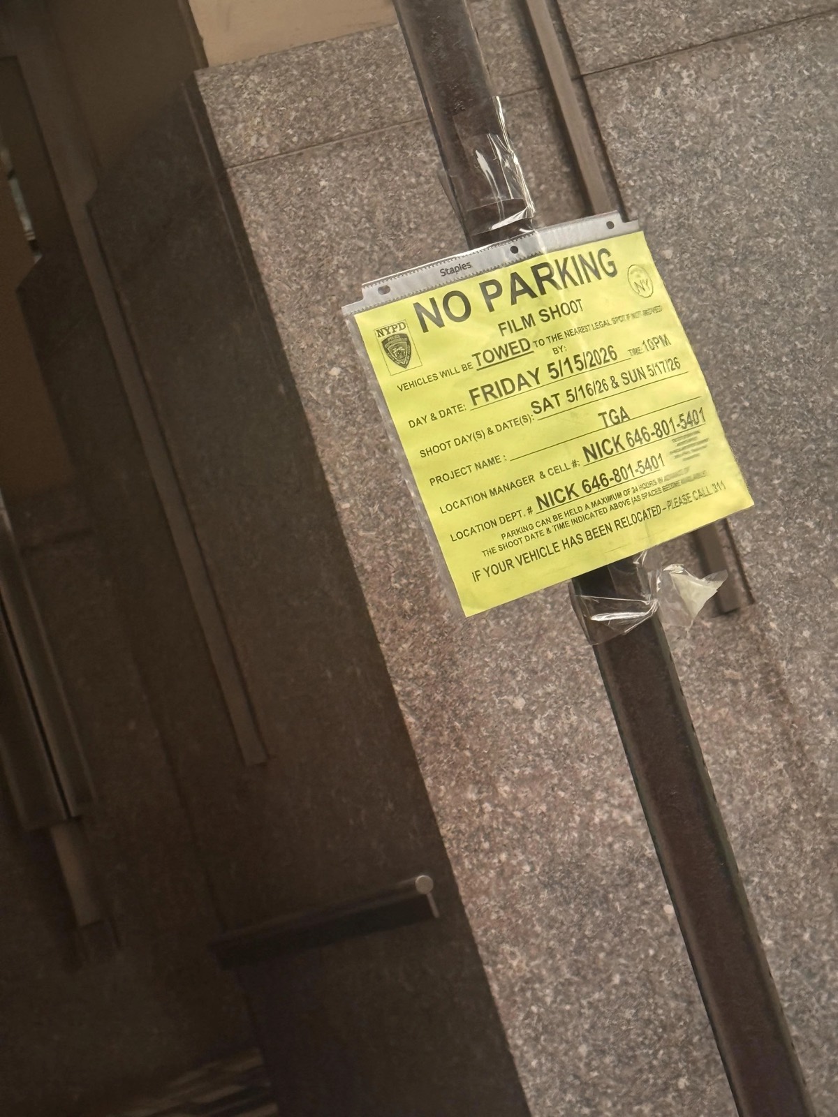 Official NYC film shoot parking notice for TGA (The Gilded Age) at 55 Water Street, May 2026
