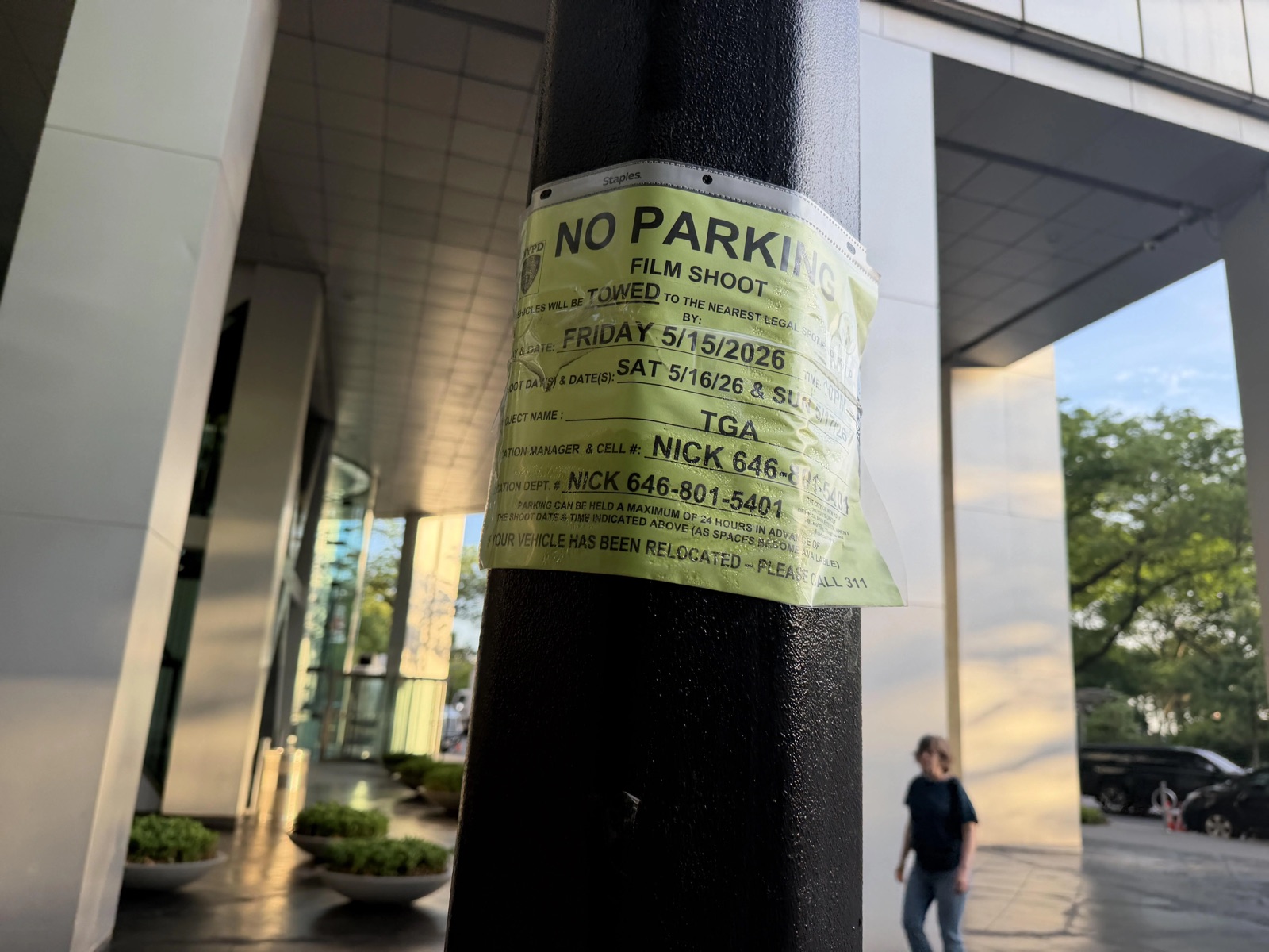 Official NYC film shoot parking notice for TGA (The Gilded Age) near the Staten Island Ferry Terminal and Whitehall St subway, May 2026