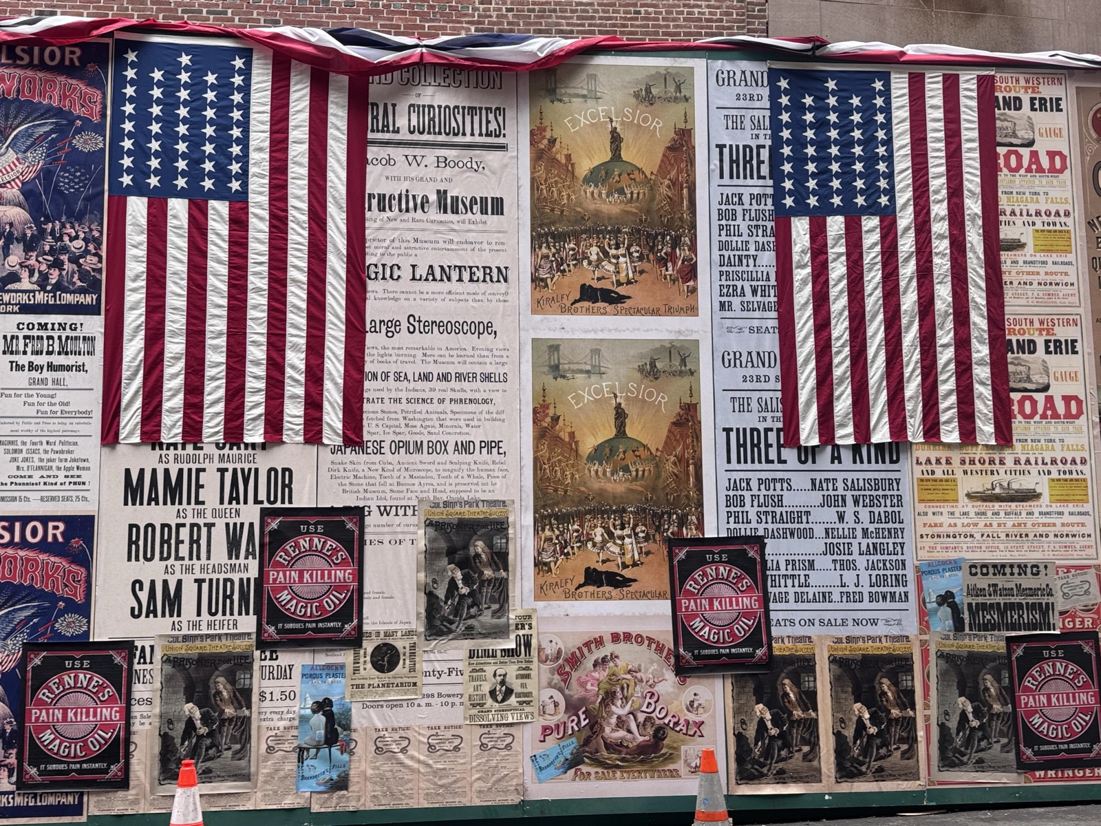 Close-up of 1880s prop posters — Evangeline, Fay Templeton, Smith Brothers, Renner's Magic Oil, Lake Shore Railroad